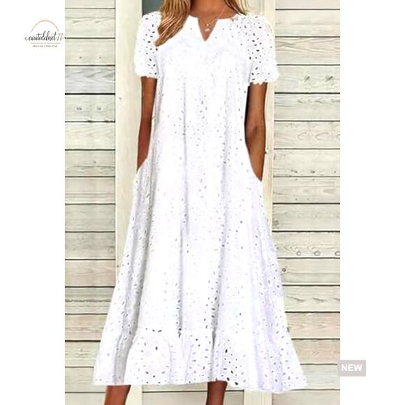 Loose Fit Cotton Midi Dress with Pockets, Ruffle Hem, Eyelet Lace - Picture 2 of 2